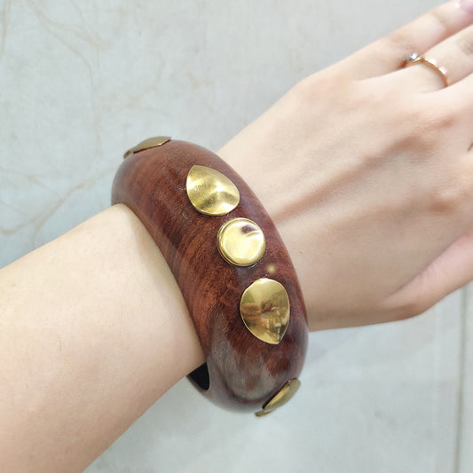 Rustic Wooden Statement Bangle with Brass Accents