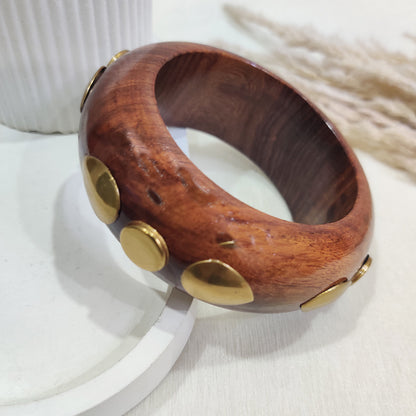 Vintage-Inspired Brass Studded Wooden Bangle Set