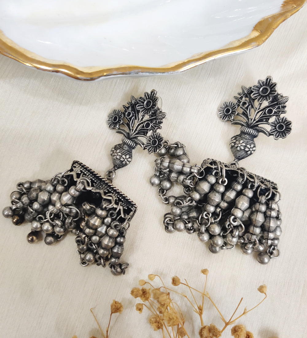 Flower Pot oxidised Jhumka Earrings