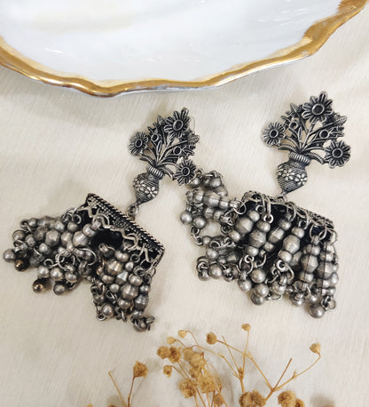 Flower Pot oxidised Jhumka Earrings