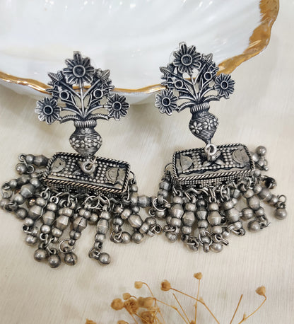 Flower Pot oxidised Jhumka Earrings