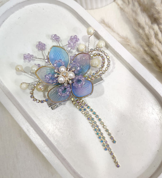 Lilac Pearl Floral Hair Clip with Rhinestone Chains