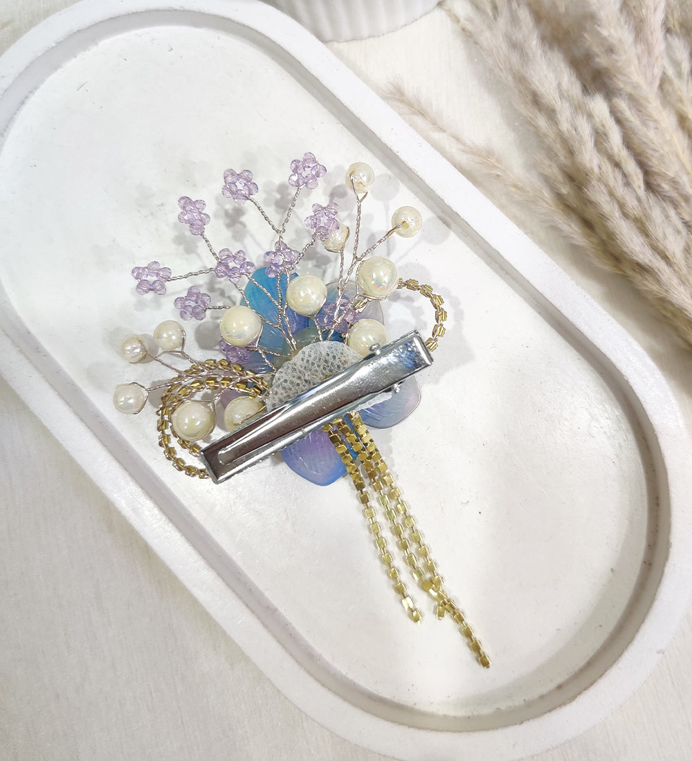 Lilac Pearl Floral Hair Clip with Rhinestone Chains