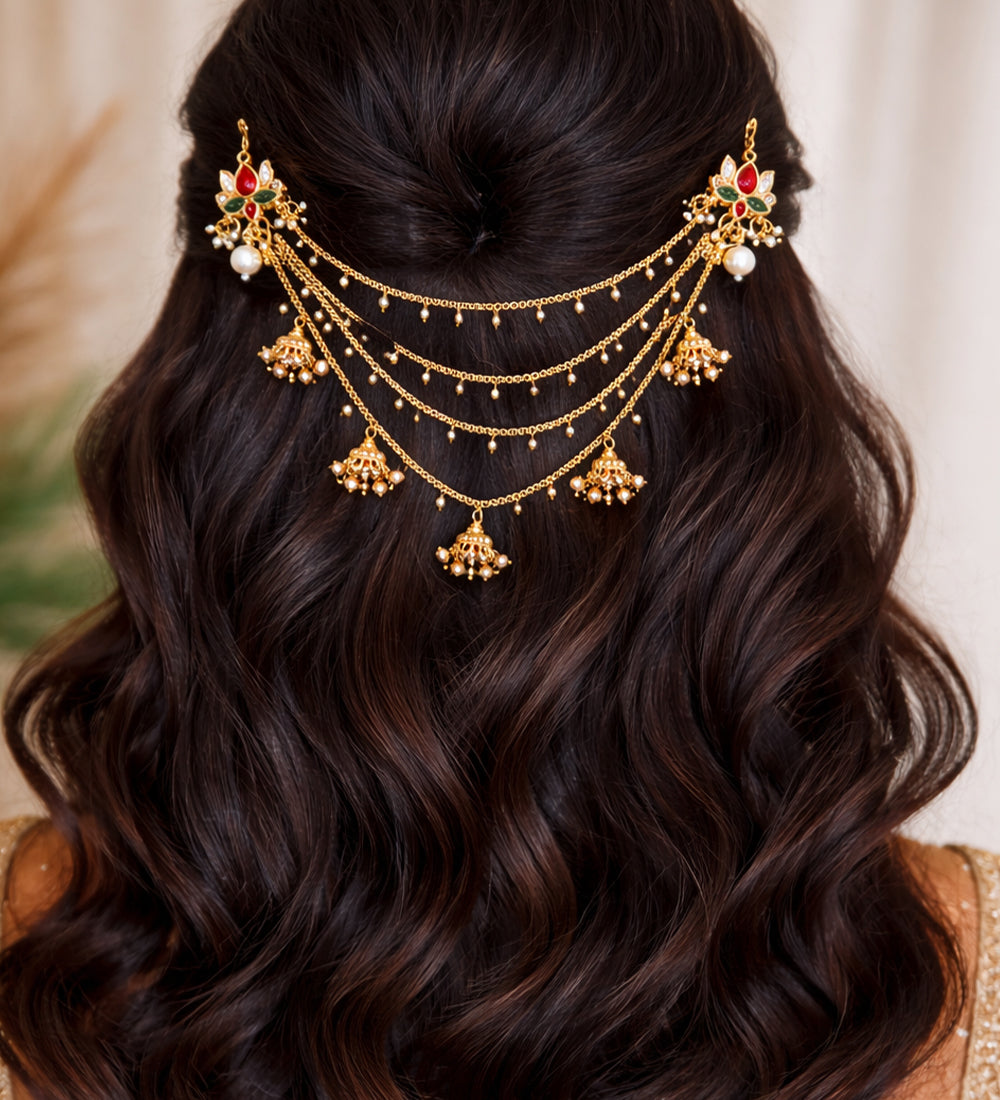 Kundan Floral Pearl Hair Chain