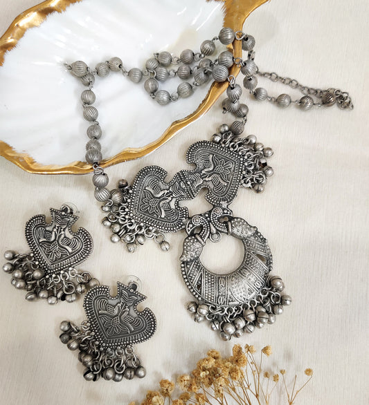 Oxidised Peacock Long Chain Necklace with Earrings