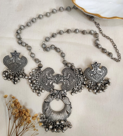Oxidised Peacock Long Chain Necklace with Earrings