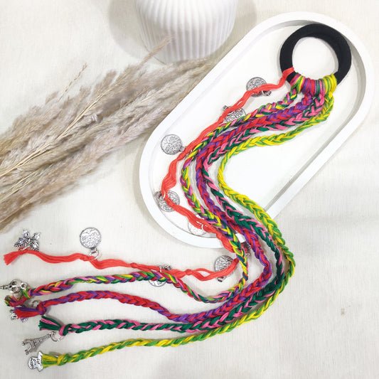 Multicolor Braided Hair Band with Silver Charms