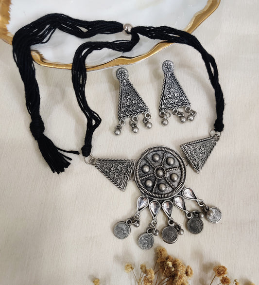 Silver Oxidised Choker Necklace with Earrings
