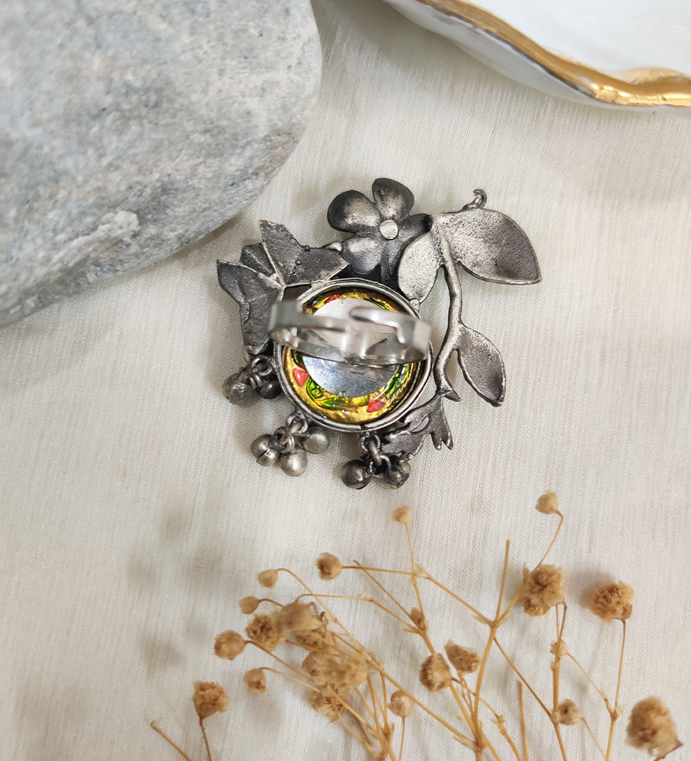 Oxidised Flower & Pink Meenakari Adjustable Ring