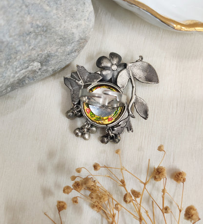 Oxidised Flower & Pink Meenakari Adjustable Ring