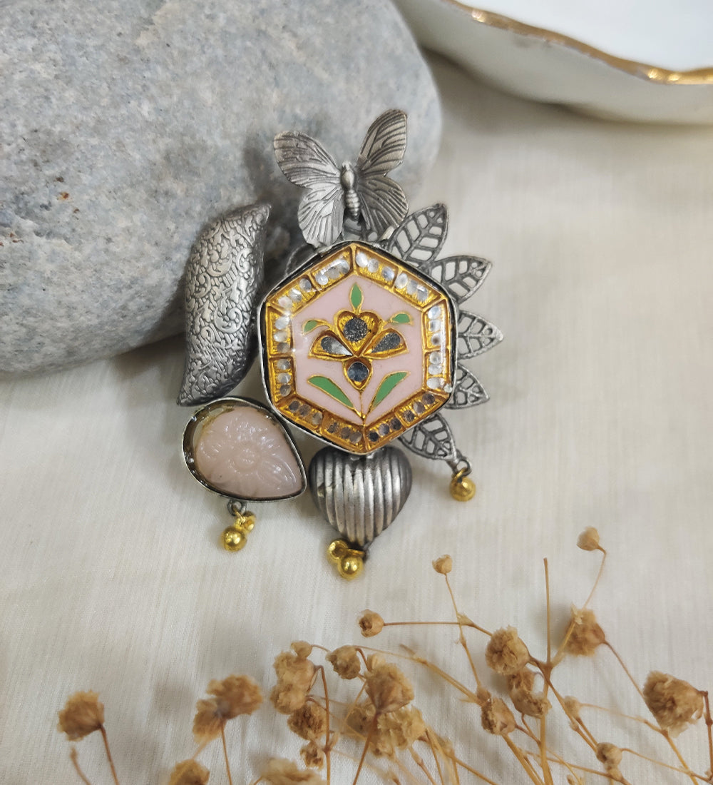 Oxidised Butterfly & Peach Meenakari And Monalisa Stone Adjustable Ring