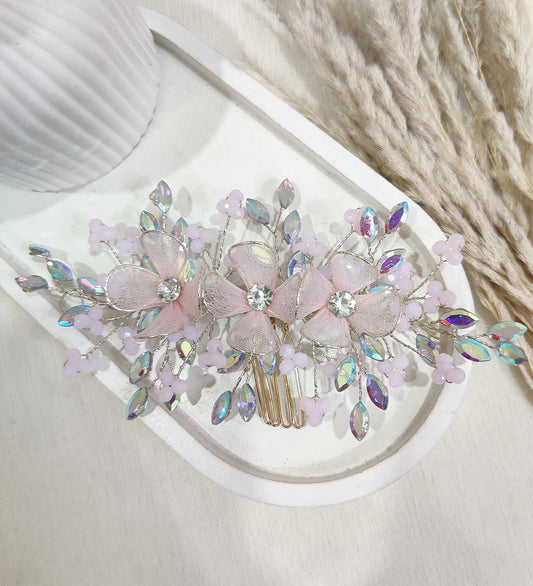 Elegant Pink Floral Hair Comb with Crystal Accents