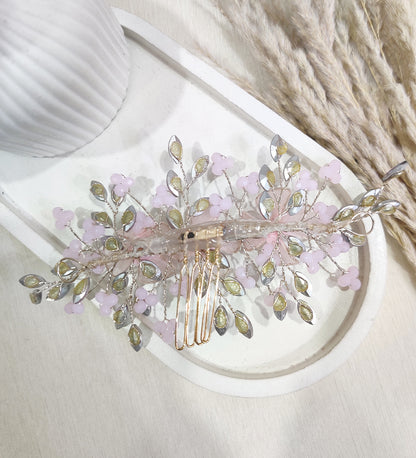 Elegant Pink Floral Hair Comb with Crystal Accents