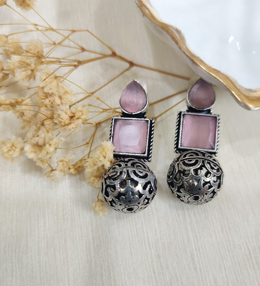 Pink Stone Studded Oxidised Ball Drop Earrings
