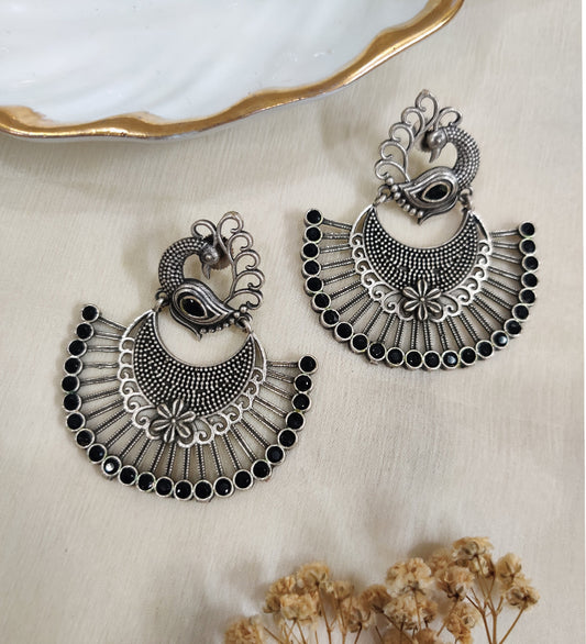 Oxidised Peacock with Black Stone Earrings