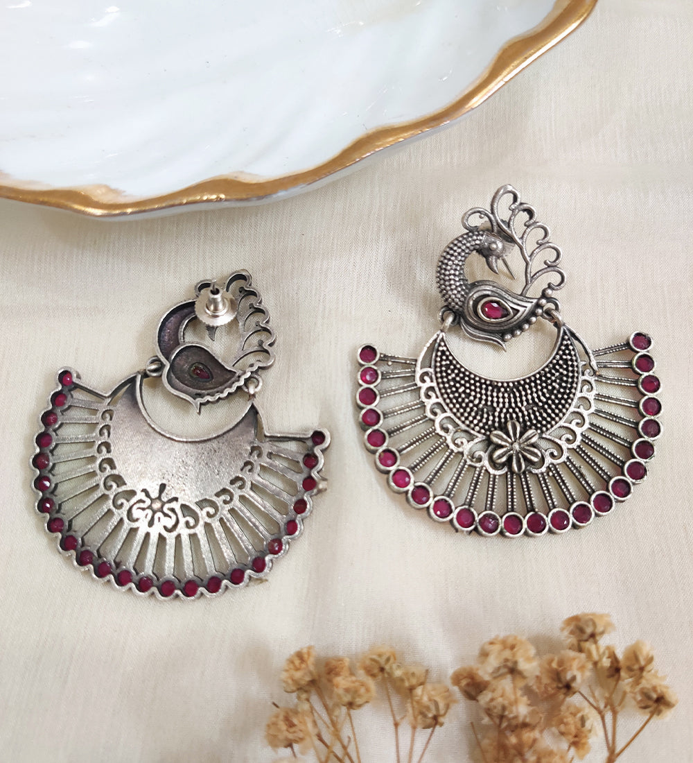 Oxidised Peacock with Red Stone Earrings