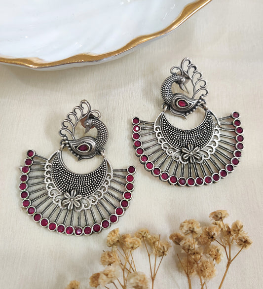 Oxidised Peacock with Red Stone Earrings
