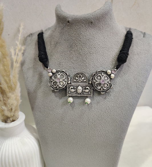 Oxidized Silver Tribal Necklace with Stone & Pearl Detailing