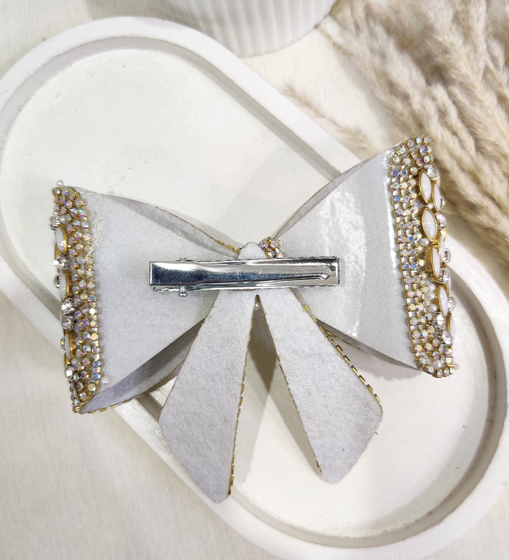 Crystal Studded White Stone Bow Hair Clip