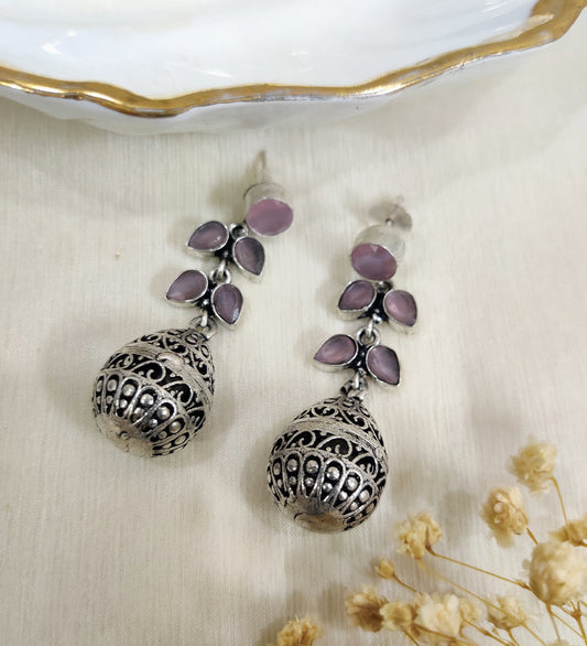 Pink Stone Studded Drop Oxidised Earrings
