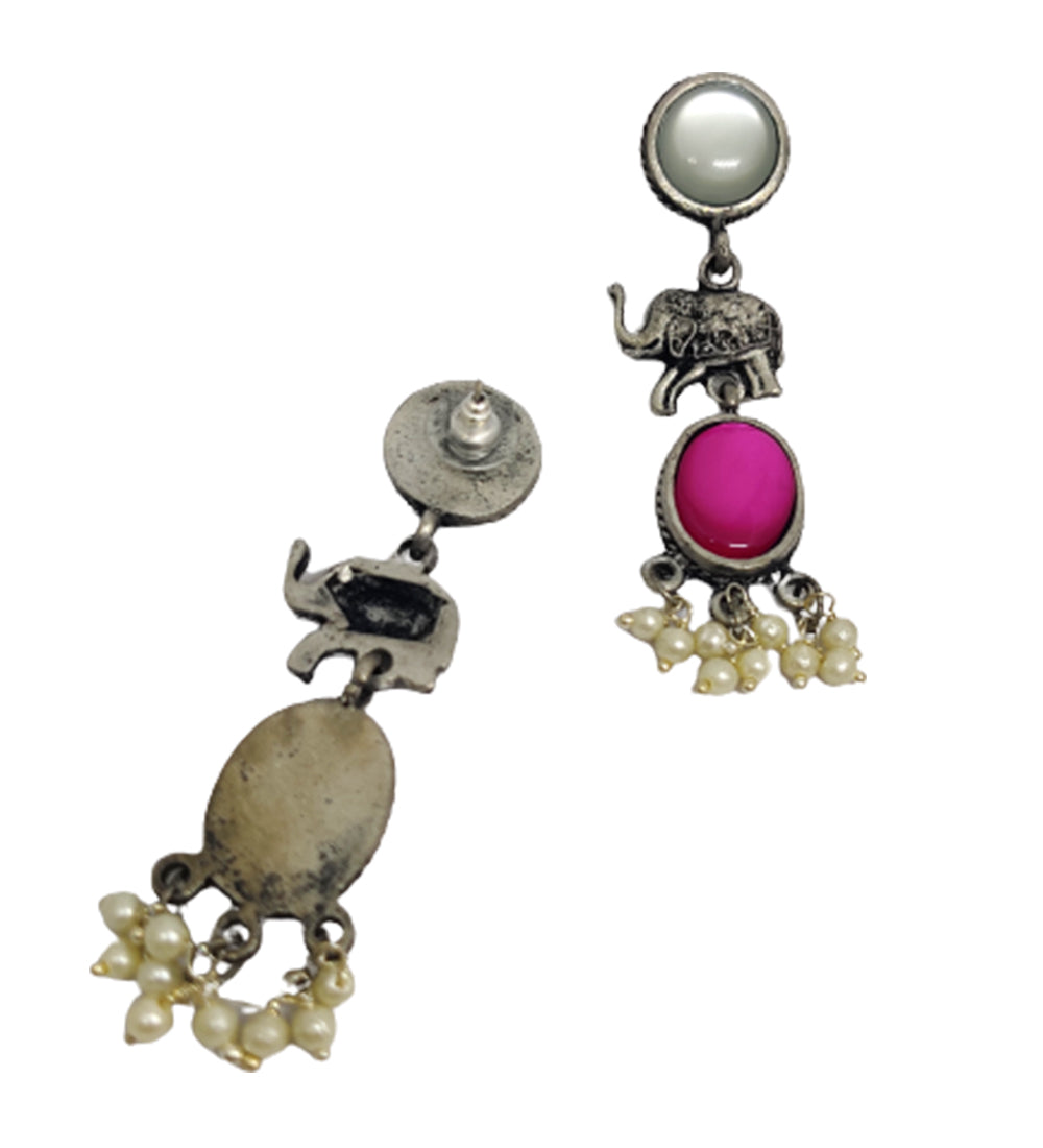 Grey and Pink Stone Oxidised Dangle Earrings