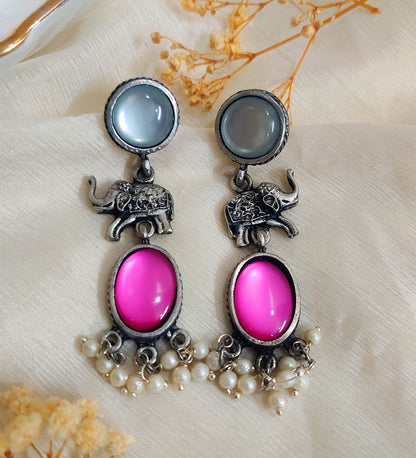 Grey and Pink Stone Oxidised Dangle Earrings