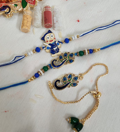 Family Pack Designer Rakhi for bhaiya bhabhi and kid with Roli,Chawal,Haldi and Mishri