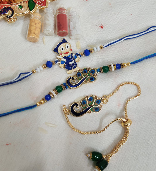Family Pack Designer Rakhi for bhaiya bhabhi and kid with Roli,Chawal,Haldi and Mishri