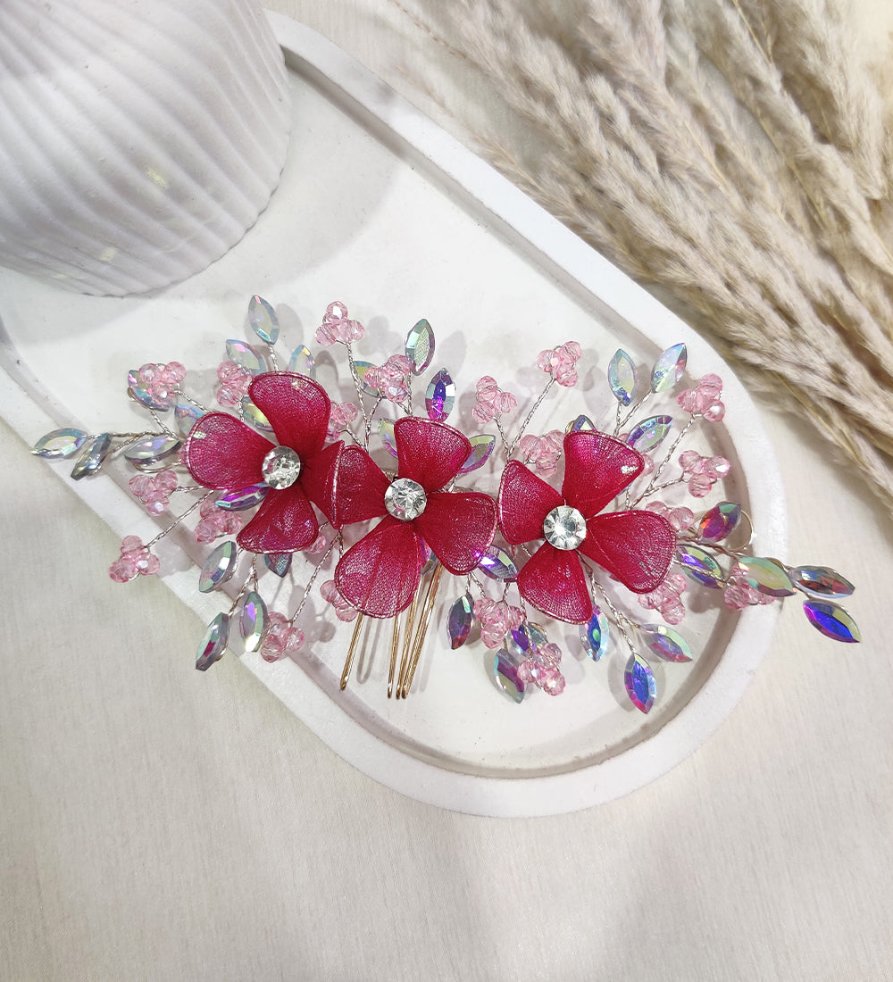 Elegant Red Floral Hair Comb with Crystal Accents