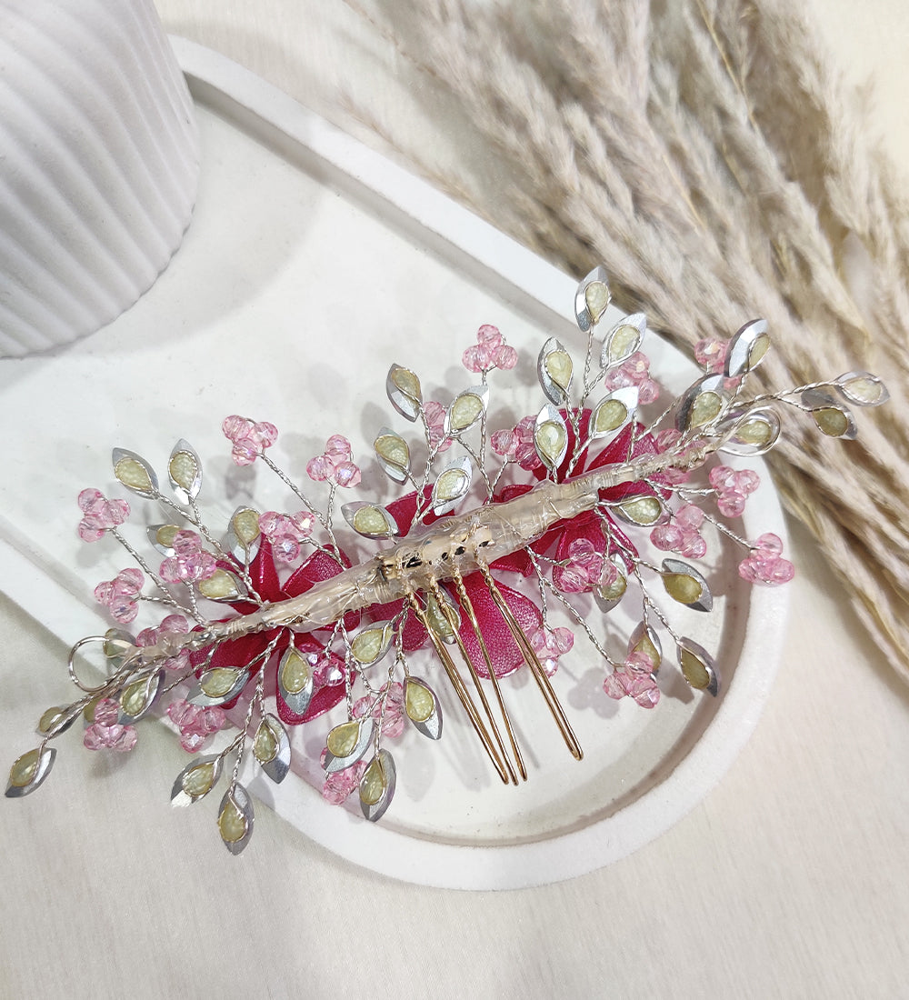 Elegant Red Floral Hair Comb with Crystal Accents