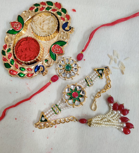 Kundan and White Pearl Couple Rakhi