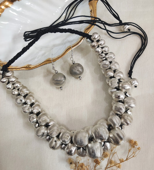 Silver -Toned Tribal Necklace with Hook Earrings