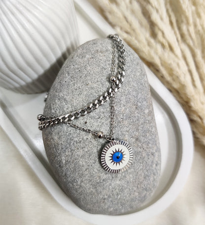 Silver Evil Eye Charm Chain Bracelet