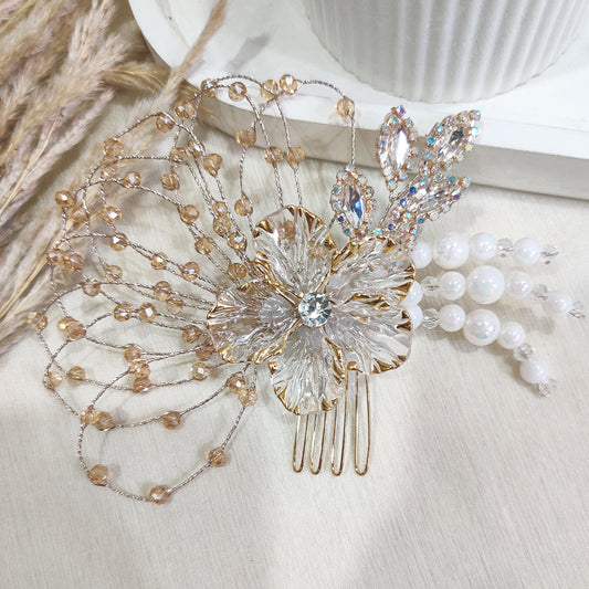 Golden Petal Crystal Hair Comb