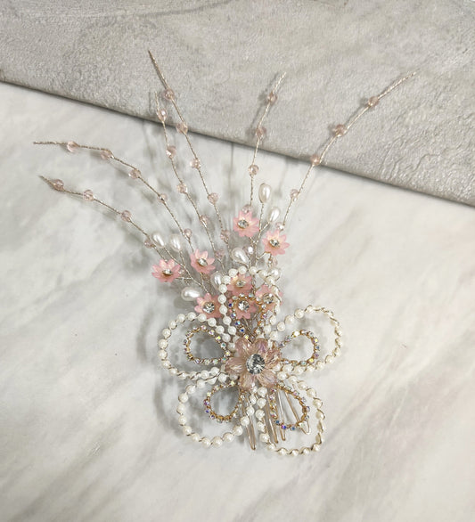 Pearl and Pink Flower Tassel Hair Comb