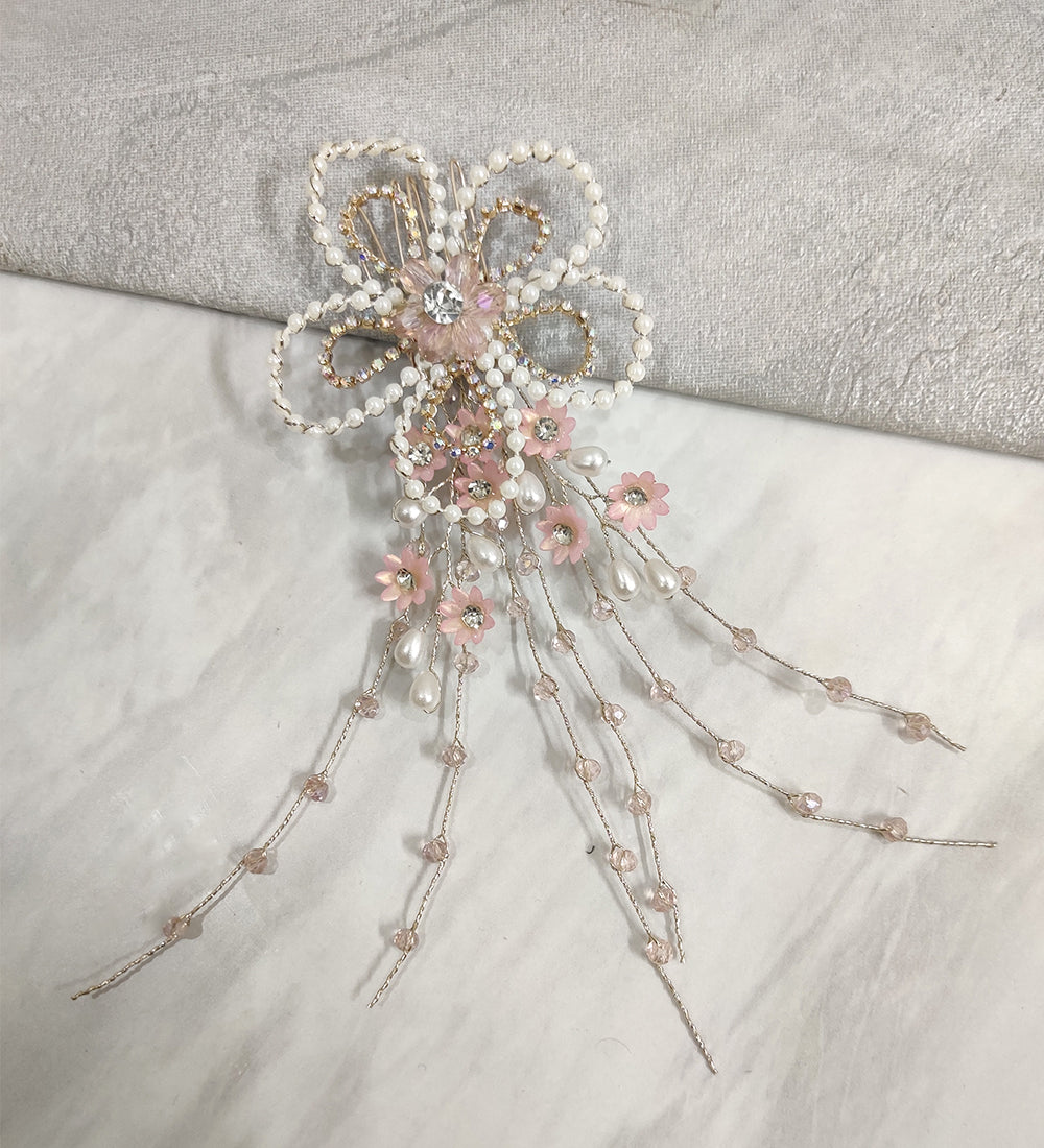 Pearl and Pink Flower Tassel Hair Comb