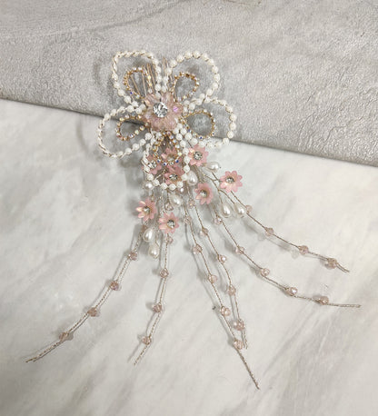 Pearl and Pink Flower Tassel Hair Comb