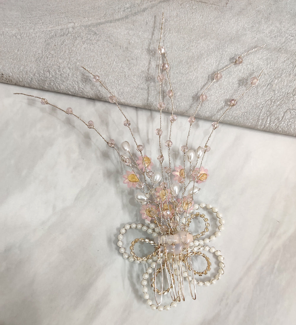 Pearl and Pink Flower Tassel Hair Comb