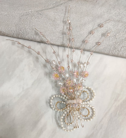 Pearl and Pink Flower Tassel Hair Comb