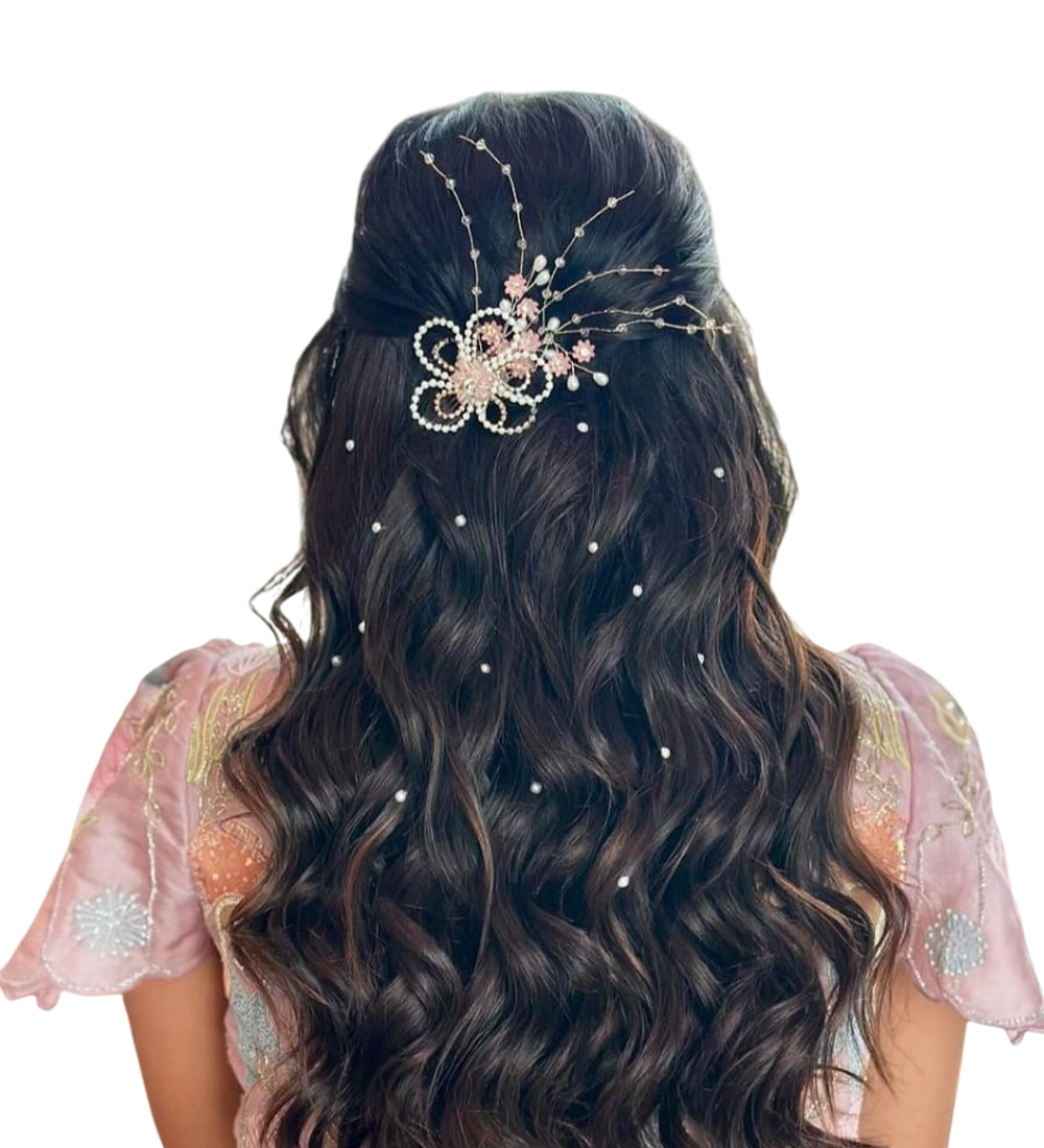 Pearl and Pink Flower Tassel Hair Comb
