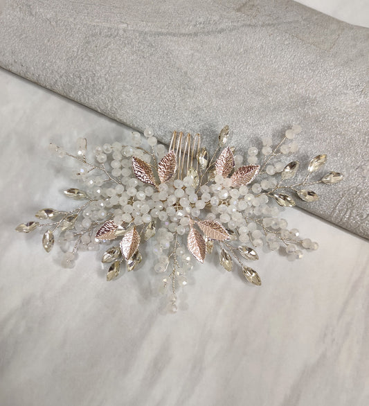 White Crystal and Metallic Leaf Hair Comb