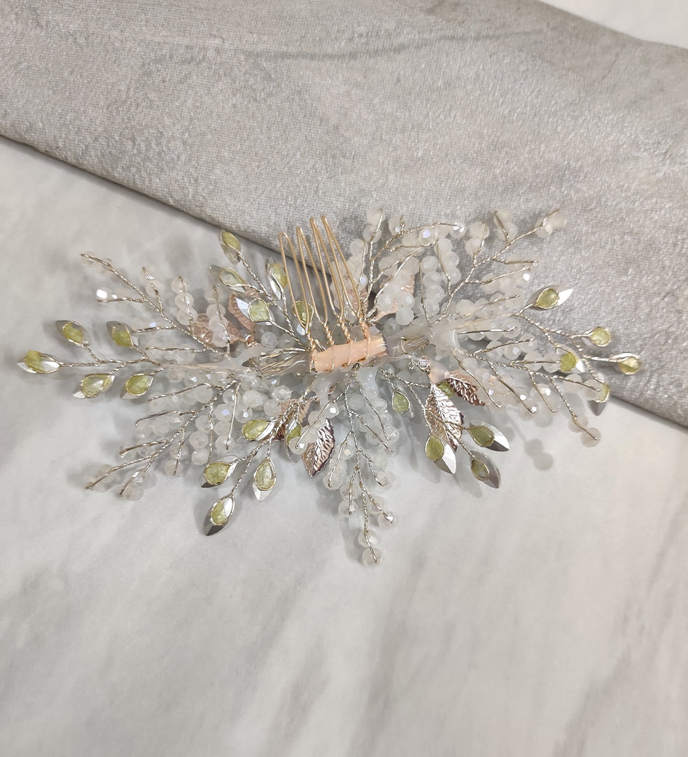 White Crystal and Metallic Leaf Hair Comb