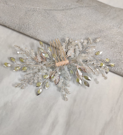 White Crystal and Metallic Leaf Hair Comb