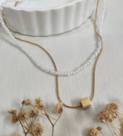 Pearl Gold Plated Double Layered Square Pendent Chain