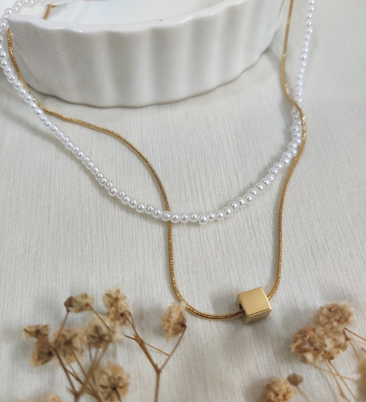 Pearl Gold Plated Double Layered Square Pendent Chain