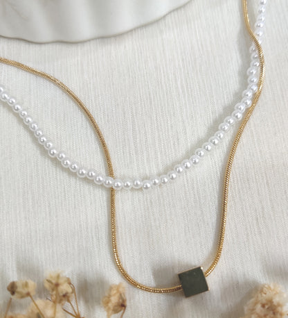 Pearl Gold Plated Double Layered Square Pendent Chain