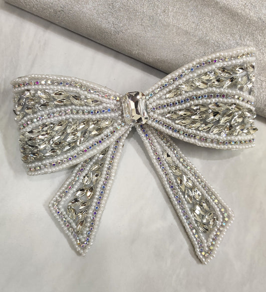 Embellished Crystal Big Hair Bow Clip - Silver