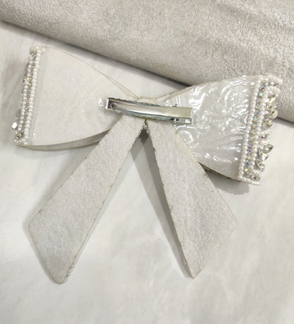 Embellished Crystal Big Hair Bow Clip - Silver
