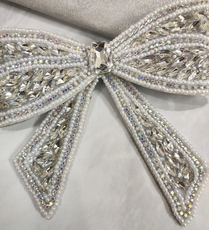 Embellished Crystal Big Hair Bow Clip - Silver