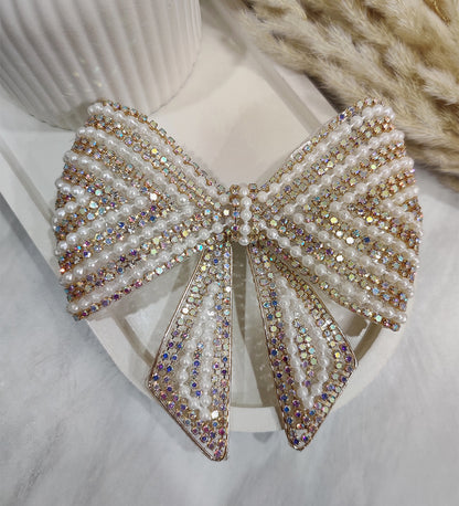 Golden Rhinestone and Pearl Hair Bow Clip